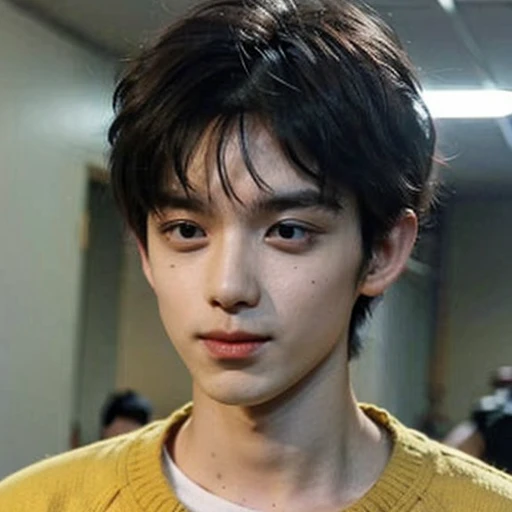 best quality best, Ultra high resolution, (As a matter of fact:1.4), Masterpiece, Portela 400 line, blurred background , black bedroom, (Face focus:1.3),1 boy ,white skin,loose sweater, put it in, looking at the audience , focus surface,Black hair with some bangs.