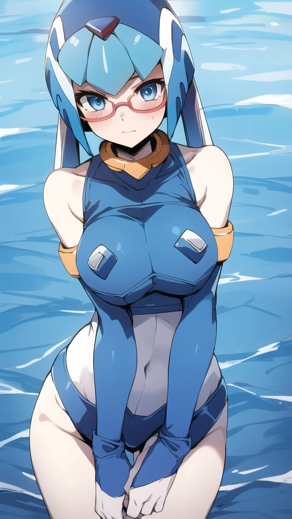 Leviathan Megaman 1 girl, looking at viewer, blue hair, Blue eyes, sea background, Blushed, glasses