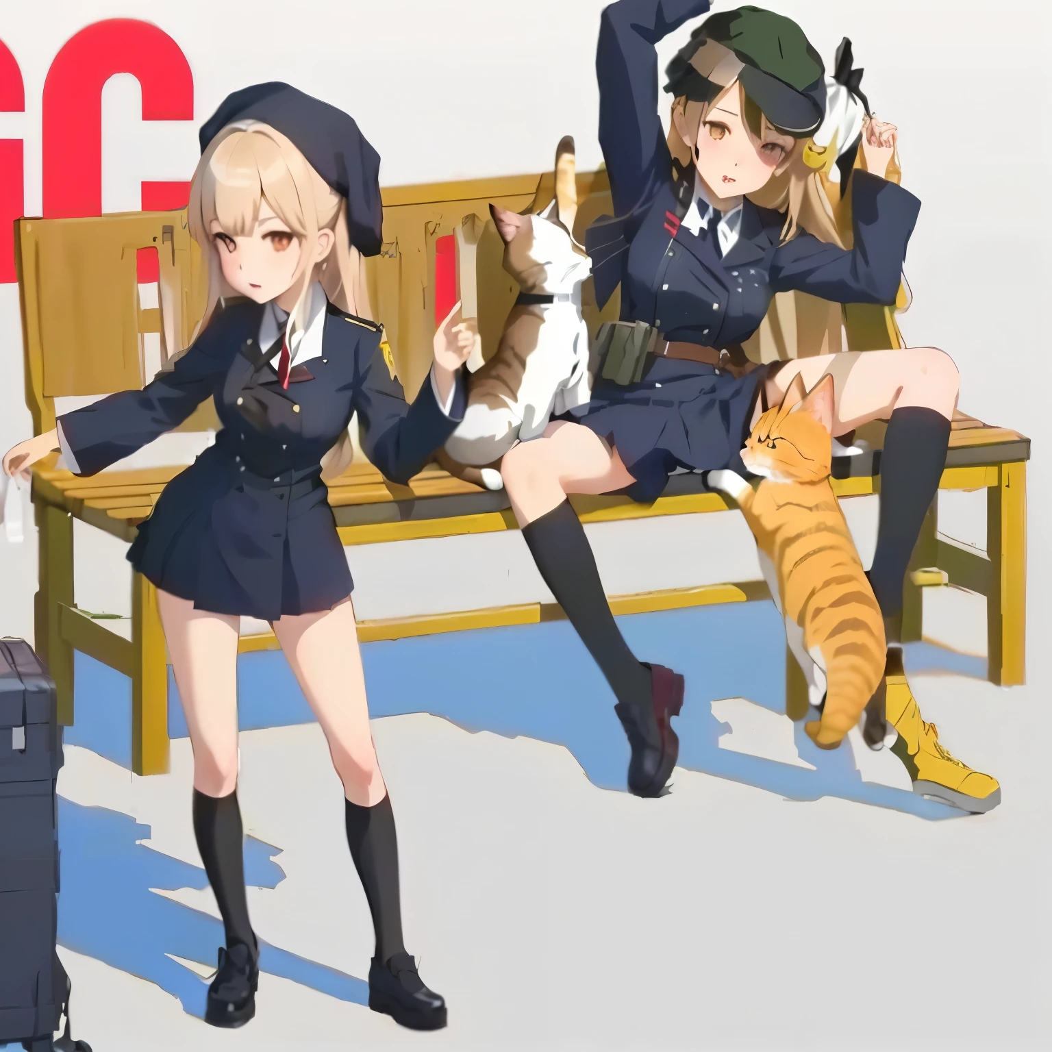 personajes de anime sentados en un banco con un gato y un gato, girls frontline style, en estilo anime, anime mucama ss militar, comic style, of frontline girls, kantai collection style, estilo muy anime, tendencia en cgstation, Arte conceptual del cosplay del comiket, 2 0 2 2 estilo anime, estilo anime 2022