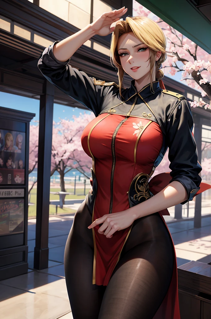 Woman saluting,Are fat,very red lips,Big Ass,Narrow waist,Long legs,Green eyes, a smug smile, Winking, ,8k(( Anime Style, The facial expression is good, Anime Style緑色の眼, The facial expression is good)), Standing at the station, Morning, Beauty, soldier, uniform,spring,cherry blossoms,The eyes are clearly drawn looking into the camera.