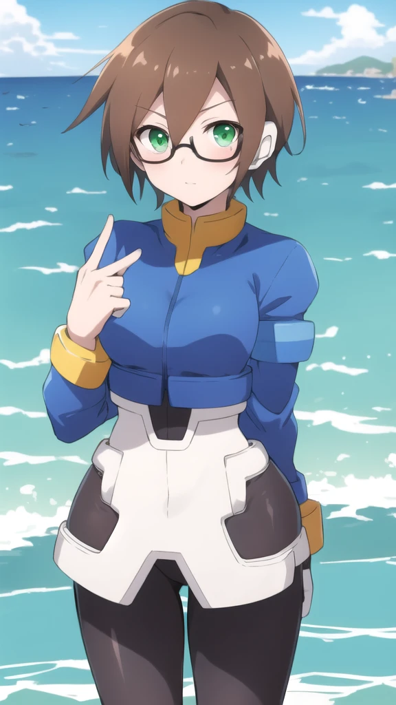 Aile_megamanzx, 1 girl, looking at viewer, Brown hair, green eyes , sea background , Glasses