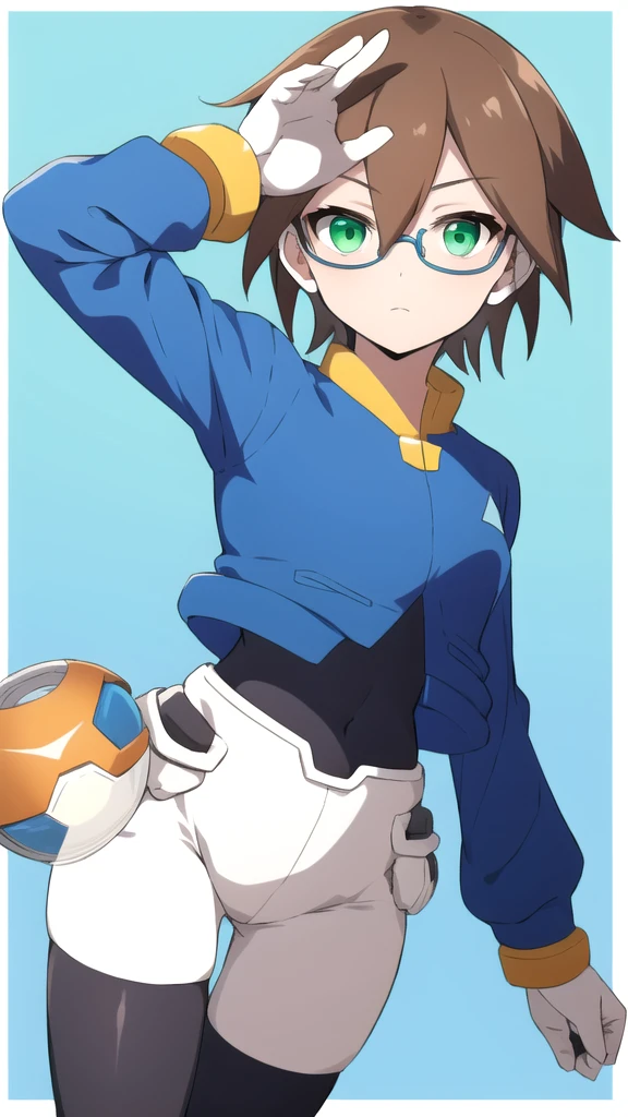 Aile_megamanzx, 1 girl, looking at viewer, Brown hair, green eyes , sea background , Glasses