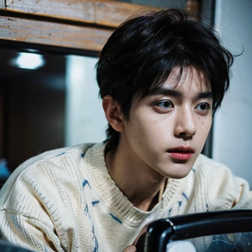 best quality best， Ultra high resolution， （As a matter of fact：1.4）， Masterpiece， Portela 400 line， blurred background ， black bedroom， （Face focus：1.3），1 boy ，white skin，loose sweater， put it in， looking at the audience ， focus surface,Black hair with some bangs.