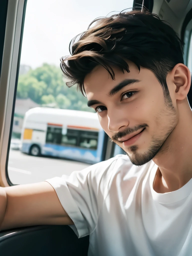 smiling with high self-confidence, young man on his way to a successful future life, on the bus, looking ahead, handsome face, height 180cm, wearing a white t-shirt, short hair tied up, thin beard in front of his ears, no mustache and bearded, sharp nose, eyes that have left behind the sadness of life