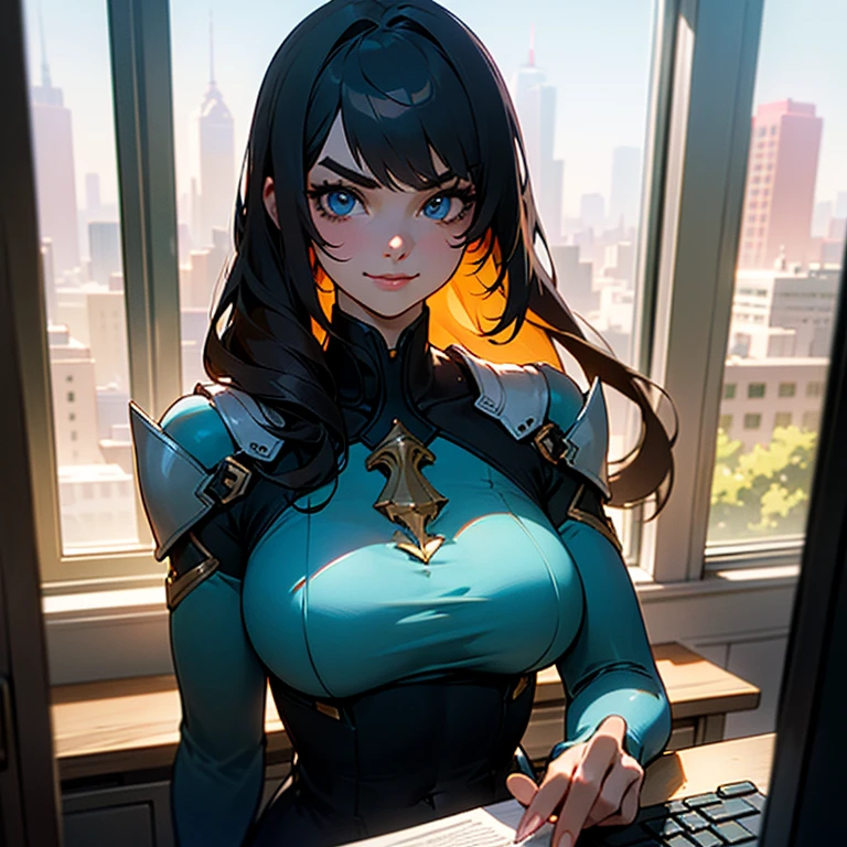 (anime: 1.1), (beautiful: 1.2),  woman, wearing (trendy) black sunglasses with (geeky) features, confident with a (playful) smile in an (pink) halter dress with a stylish hills. Her (dark) long hair cascades down her back, perfectly styled with (bangs) framing her face. Her (dark) eyebrows complement her (mysterious) persona, while her (dark blue) eyes exude (confidence) and (intensity). Her (hourglass) figure is well-defined with a (large: 1.1) bust size of 37, highlighting her (feminine) curves. Her expression captivates with a (sassy) gaze, (smiling) brightly. The (realistic) and (detailed) picture showcases her (flawless) body, enhancing every (delicate) detail with (crisp) lines and (deep) shading. 

She sitting and typing in an futuristic computer (gracefully) in an office of a bustling workplace, surrounded by (busy) employees engaged in (collaborative) activities. The office space is (neat) and (organized), with (contemporary) furniture and modern technology. In a glass window, scenery reveals a (night in the bustling city) of New York, where vibrant lights illuminate the streets, casting a (dreamy) glow on the surroundings. The ambiance reflects the energy and excitement of the city that never sleeps.

She assumes a (normal) body position elegantly in front of the camera levelled in her shoulder, allowing a (whole bodyt: 1.1) perspective to capture the setting in its entirety. The portrait emphasizes her (soft) facial features and accentuates her unique charm.

The artwork is a (masterpiece: 1.1), flawlessly depicting the woman without any missing or dislocated body parts. The (best quality, 8k, ultra-HD:1.2) image is (crystal clear) and showcases the meticulous attention to detail, creating a (captivating) and (immersive) visual experience.
