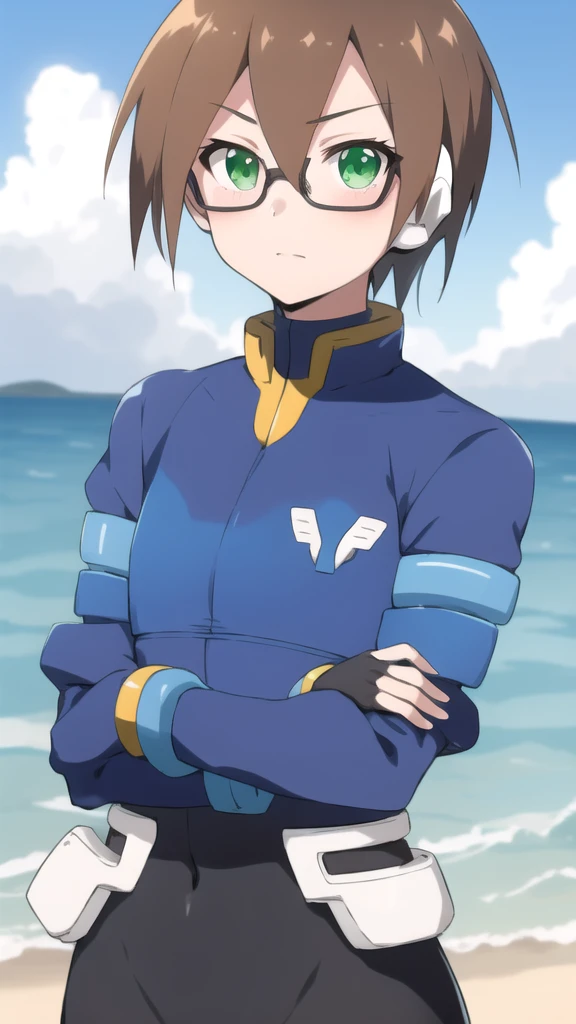 Aile_megamanzx, 1 girl, looking at viewer, Brown hair, green eyes , sea background , Glasses