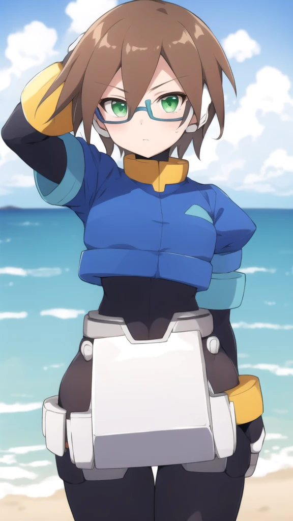 Aile_megamanzx, 1 girl, looking at viewer, Brown hair, green eyes , sea background , Glasses