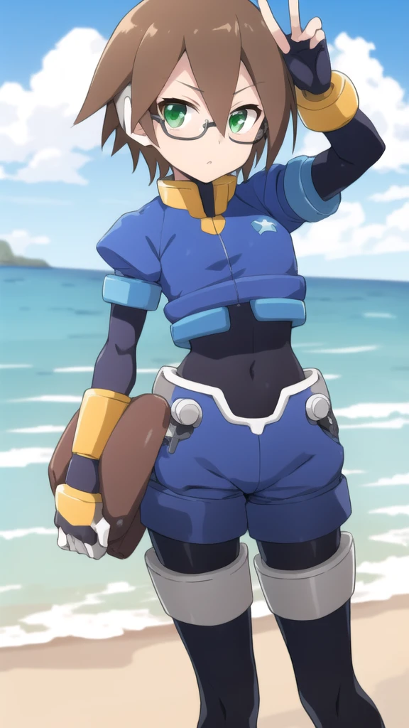 Aile_megamanzx, 1 girl, looking at viewer, Brown hair, green eyes , sea background , Glasses