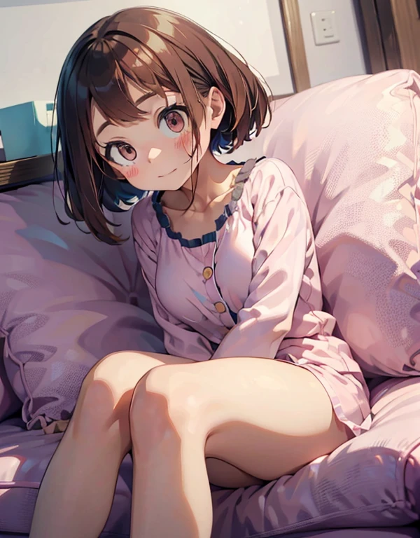 Cute girl in pink pajamas posing on sofa, sleepwear, wearing pajama, wearing white pajamas, Pink clothes, wearing a baggy pajamas, Smooth white fluffy clothes、Good night, pretty face with arms and legs、hmochako, blush stickers, short hair, medium breasts, a smile、