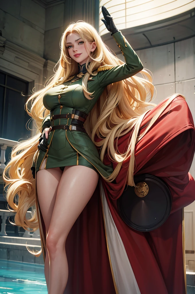 Woman saluting in ultra HD,Blonde,Long hair is thick,very red lips,Big Ass,Narrow waist,Long legs,Green Eyes Standing 8k(( A sloppy smile, The face we&#39;re looking for, Mischievous face)), ,8k(( Anime Style, The facial expression is good, Anime Style緑色の眼, The facial expression is good:1.５)), Standing at the station, Morning, Beauty, soldier, uniform,spring,cherry blossoms,Huge breasts looking at camera:1.1