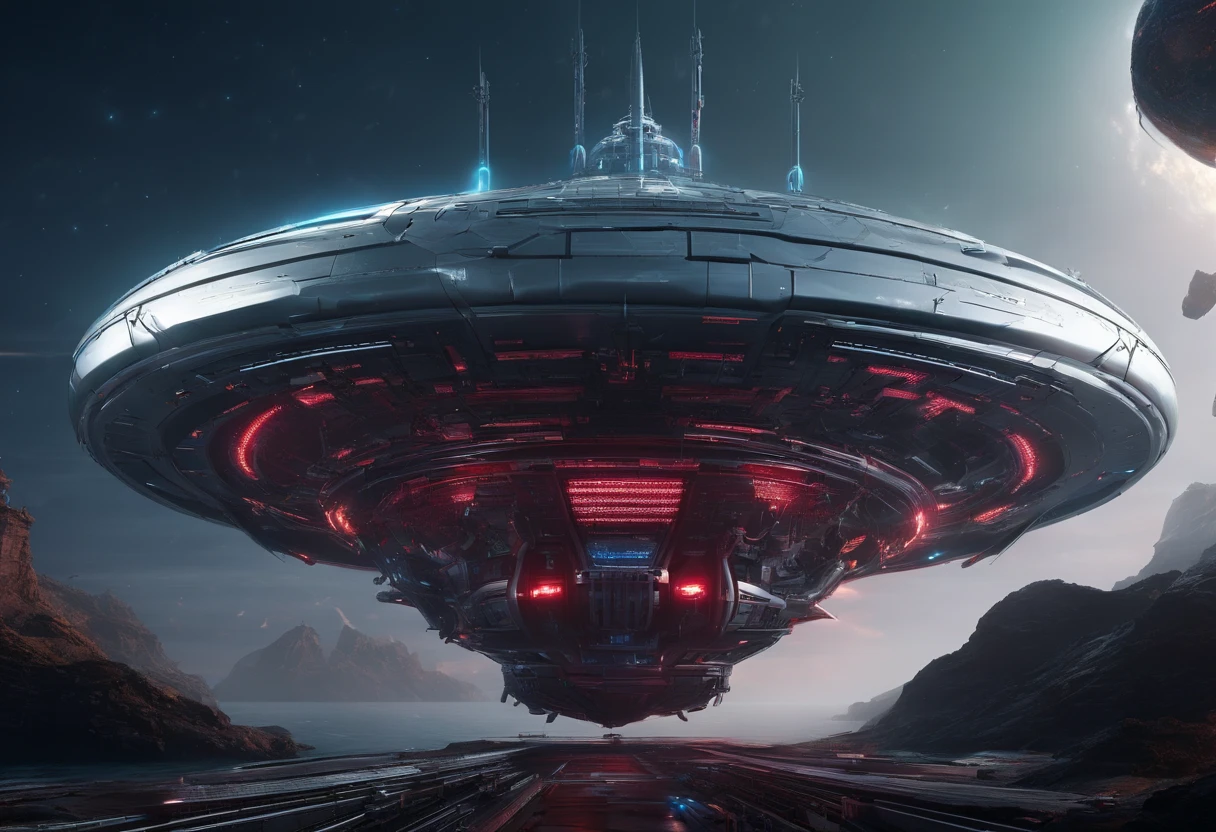 A captivating futuristic concept art piece featuring a colossal starship with an innovative design, reminiscent of a closed-toed sandal-sneaker hybrid. The ship, measuring an impressive 108' in length, soars gracefully past a breathtaking Titan-like planet adorned with 12 enchanting moons. The backdrop is a mesmerizing star-filled expanse, adding to the otherworldly atmosphere. The ship's two 24' diameter nacelles, positioned at 45° and 48' above the vessel, emit radian lime green light from their centers. The elliptical shaped upper section stretches 24' high, 144' long, and 96' wide, angled at 75° from the main body. The ship's striking color of ruby palette of steel. cinematic