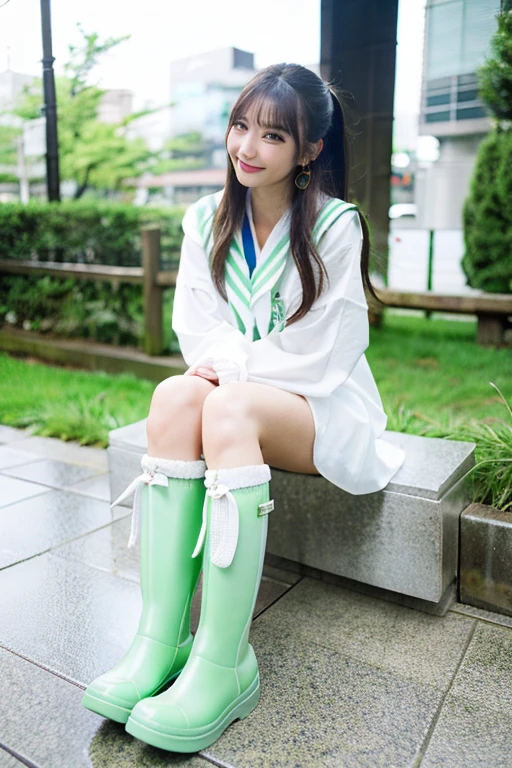 (highest quality, 8k, masterpiece:1.3)Japanese beautiful girl、Mint green rain boots with white trim and ribbon