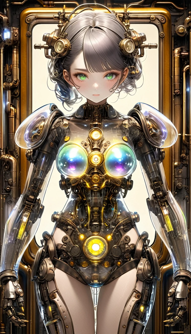 best quality，Super Fine，8k，Unbelievably ridiculous，Extremely detailed，Delicate and dynamic，Beautiful female mecha robot，The transparent and translucent anatomy of the mecha，Iridescent neon color wiring diagram and LEDs all over face and body，Photo frames and backgrounds mixed and fused with steampunk，Dieselpunk and clockpunk，Background Analysis Room