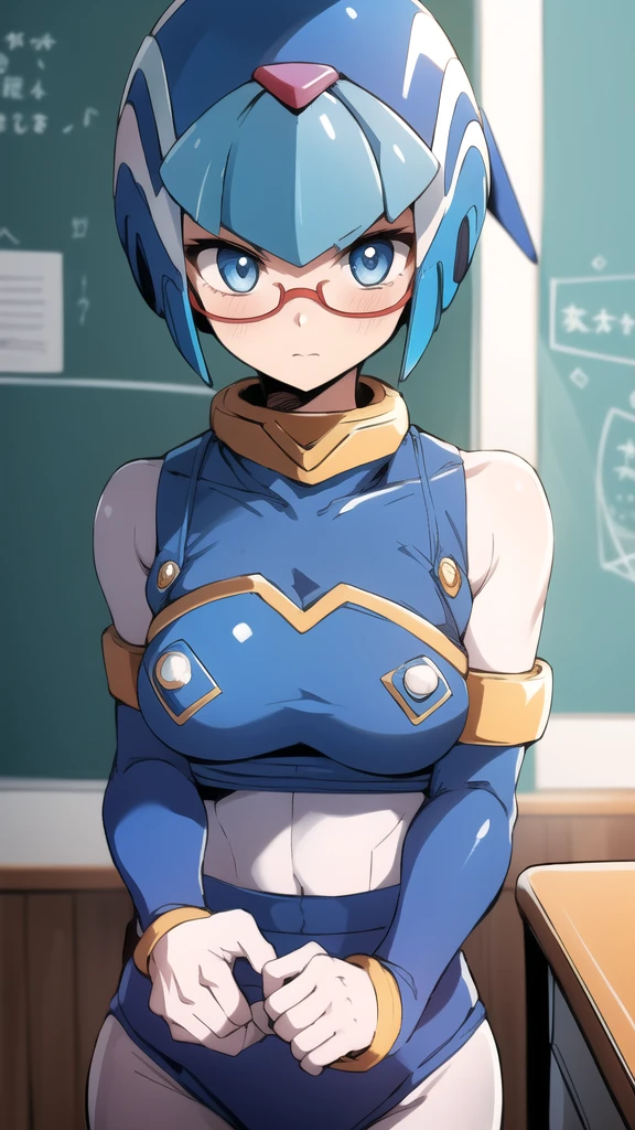 Leviathan Megaman 1 girl, looking at viewer, blue hair, Blue eyes,classroom background, Blushed, glasses, outfit