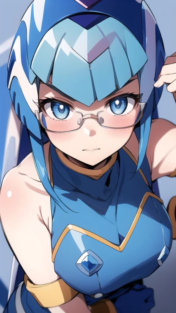 Leviathan Megaman 1 girl, looking at viewer, blue hair, Blue eyes,classroom background, Blushed, glasses,  outfit