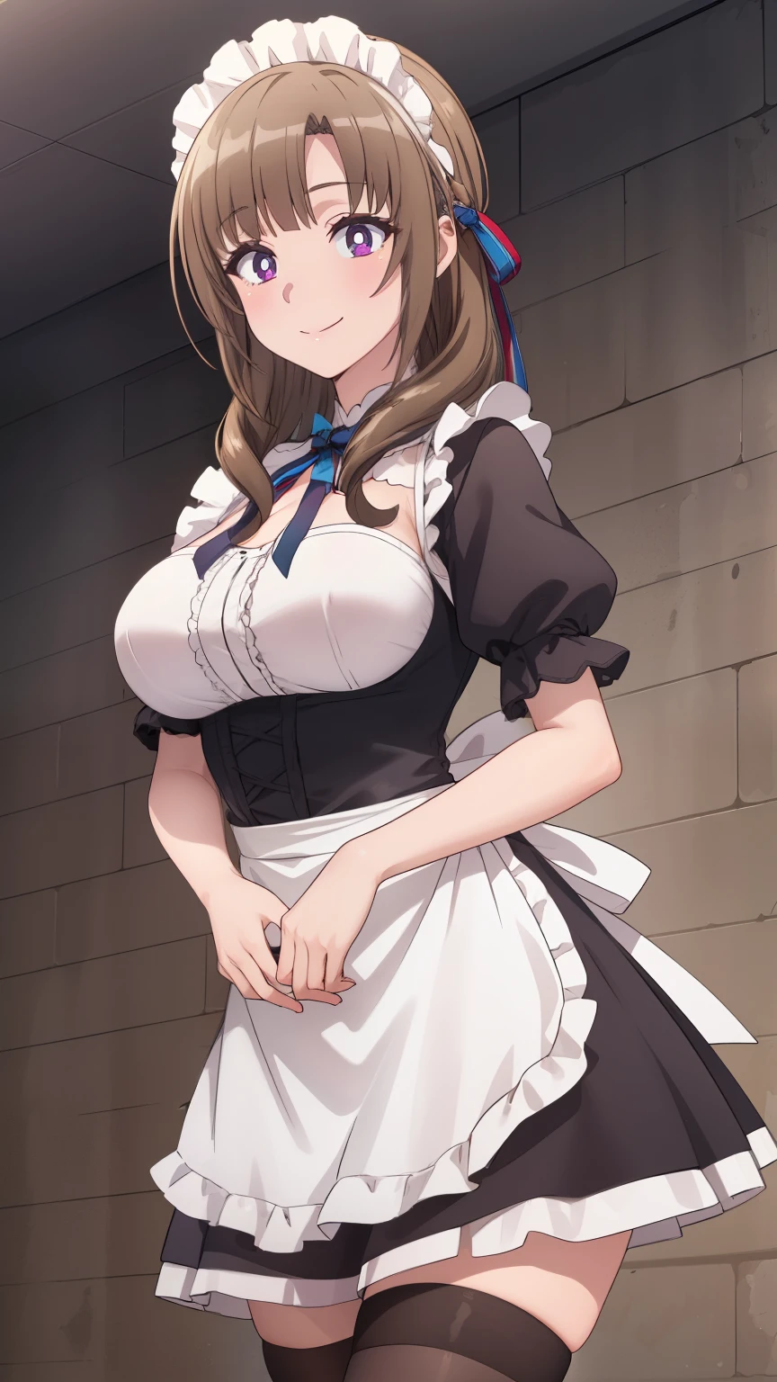 Mamako, 1girl, solo, big breasts, smile, french maid dress, frills, apron, thigh highs, perfect quality, good quality, masterpiece, HDR, UHD, beautiful detailed eyes, high resolution, game cg, illustration, highly detailed, masterpiece, maid cafe