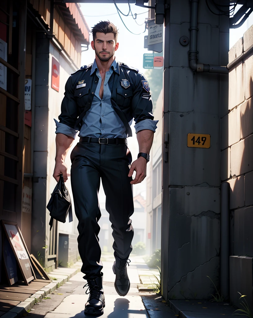 masterpiece, best quality, face, natural eyes, one czech man walking, tall czech lad, big feet, black combat boots, full body, a man in police uniform, rifle , large bulge, long legs, looking at viewer, 30 years old, muscled and mature, slim waist, short haircut, open chest, shirt button undone, blue eyes, flush, orgasm, sweating, tight cloth, standed 