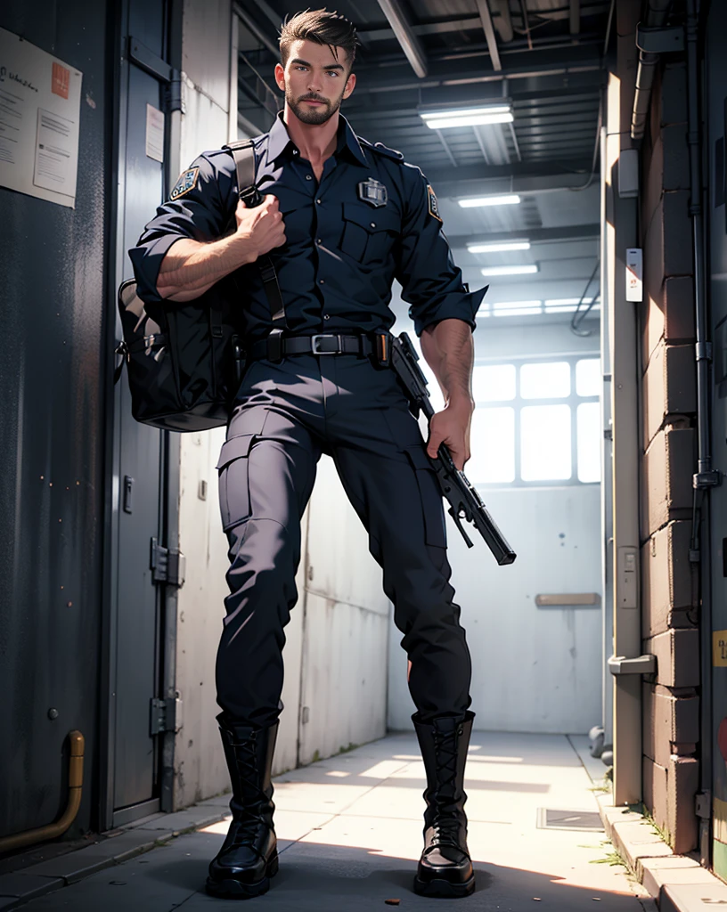 masterpiece, best quality, face, natural eyes, one czech man walking, tall czech lad, big feet, black combat boots, full body, a man in police uniform, rifle , large bulge, long legs, looking at viewer, 30 years old, muscled and mature, slim waist, short haircut, open chest, shirt button undone, blue eyes, flush, orgasm, sweating, tight cloth, standed