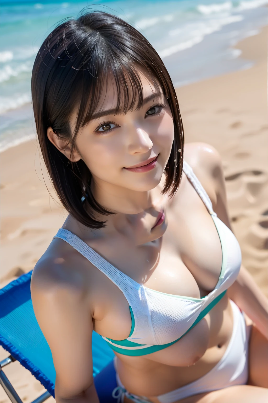 8k、highest quality、Upper Body:1.5、Very detailed、High resolution、8k、Top view、Small breasts、Thin lips、Detailed face、Cute Smile、Cute Japanese Woman、Cute 24 year old beauty、Beautiful and elegant face、Cute face、Natural Bangs、Arched eyebrows、Groomed eyebrows、Large, balanced eyes、Cute eyes、Beautiful thin nose、Beautiful Skin、Medium Bob Hair、Natural Bangs、Slim face、Slender figure、(Looking at the camera with a happy expression)、Lighting the face、Bright lighting、Professional Lighting、Forward lighting、A kind smile、Cute pose、(Wearing a swimsuit that looks like underwear)、Beautiful cleavage、Wet Hair、Wet Skin、Swimsuit like underwear、Beautiful legs:1.2、Smooth skin、Beautiful cleavage、Slender and beautiful thighs、((Wear a swimsuit and sit on a deck chair on the beach))、Composition from above、Beautiful white sand beach on a southern island、Tropical Beach、Lighting the face、