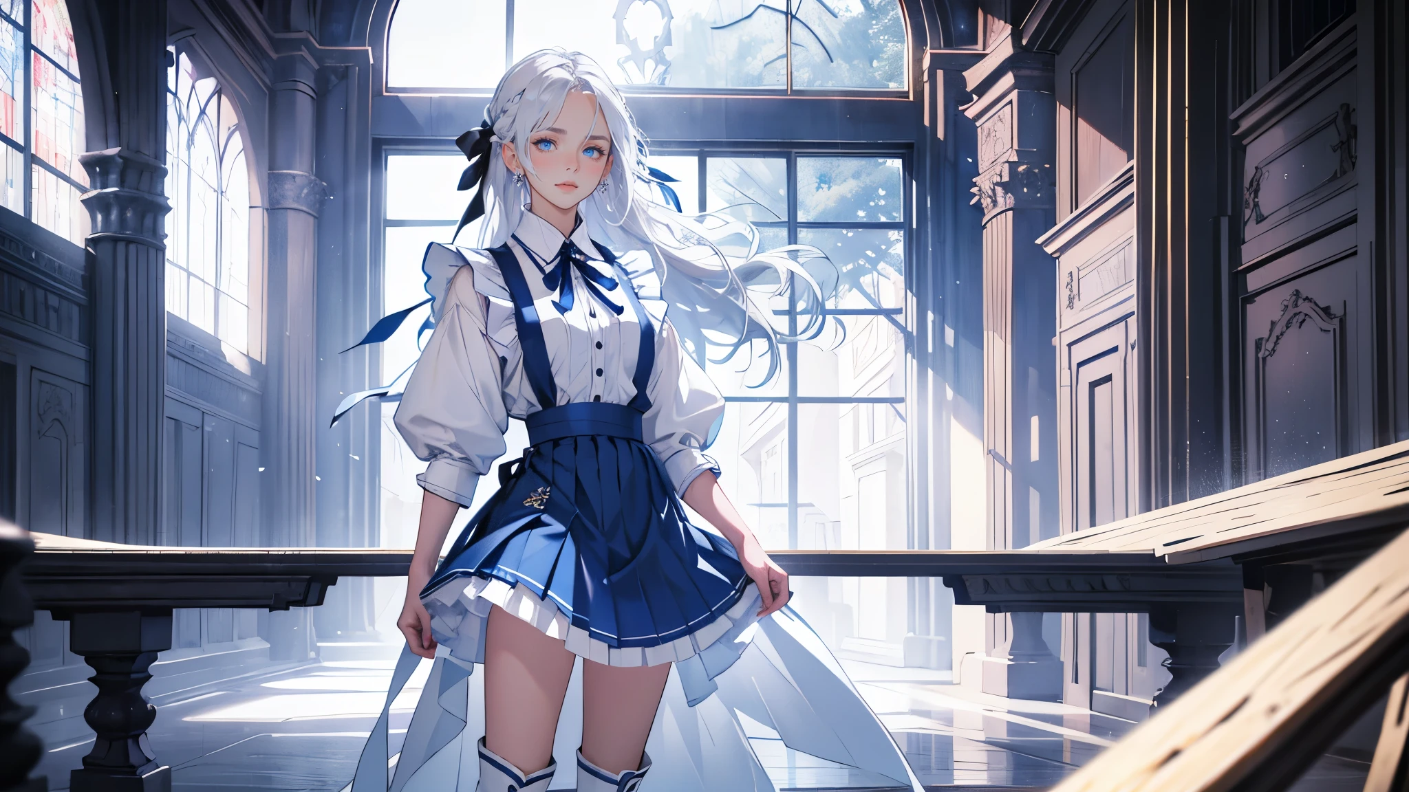masterpiece, ultra detailed, 8k portrait, RAW photo, portrait photography, highly detailed face, beautiful and meticulous eyes, black long hair, blue eyes, white hair ribbon, blue , blue pleats mini skirt, white chest apron, white tights, half boots, standing, 