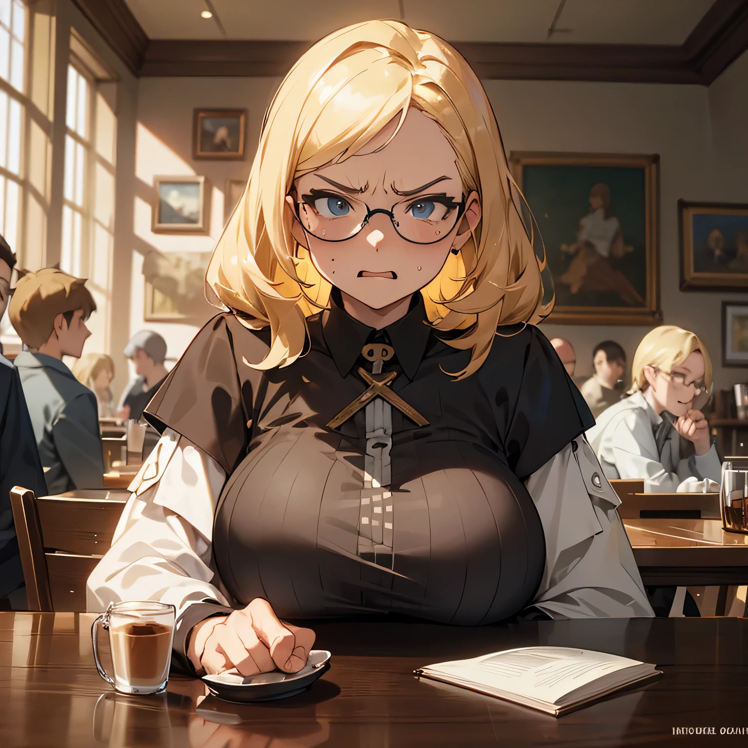 wrinkle, ((best quality)), ((masterpiece)), (detailed), perfect face, angry, in the coffee shop, coffee on the table, cross arms, glasses, huge tits, chubby, blond hair