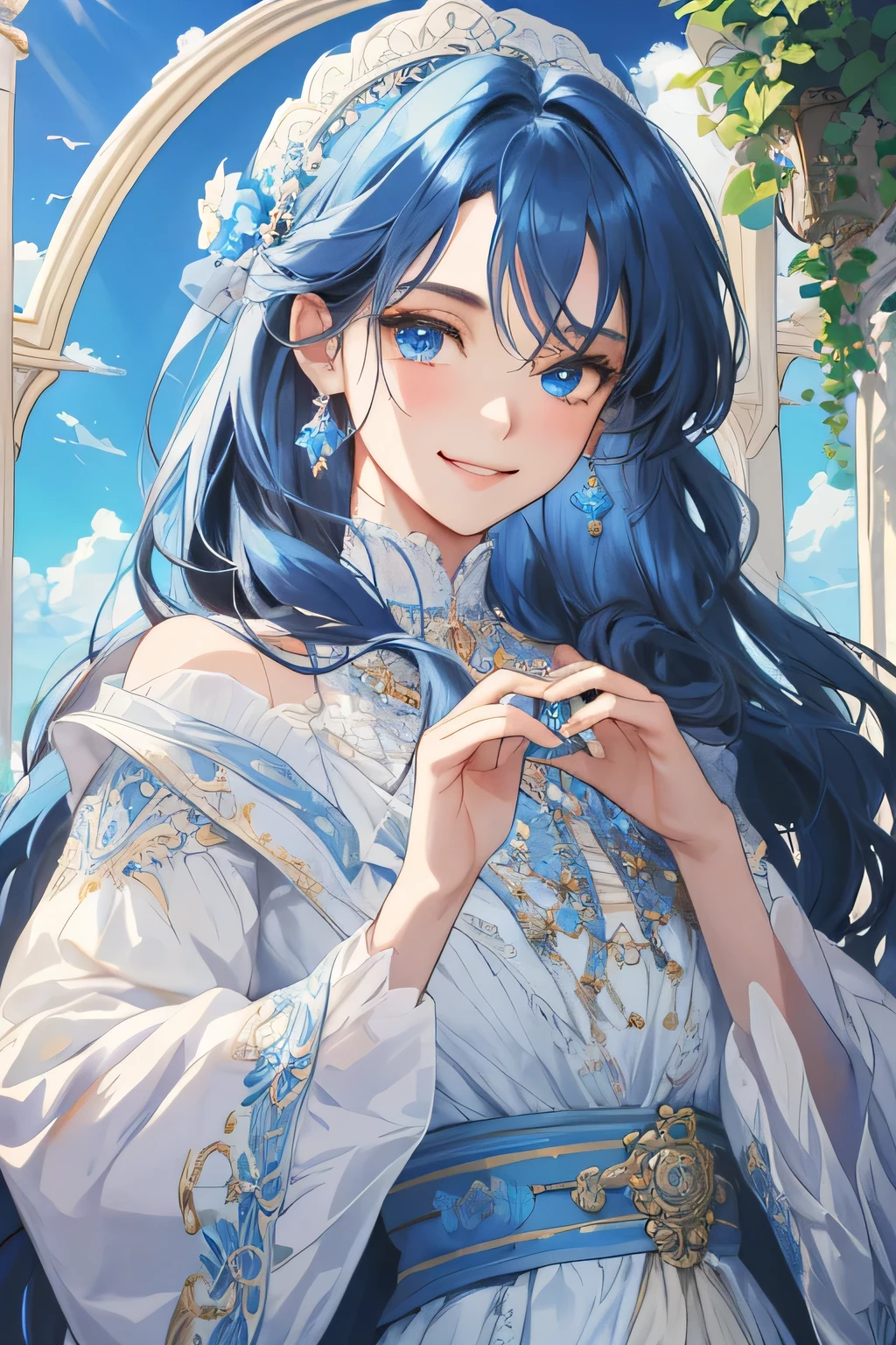 (extreamly delicate and beautiful:1.2), 8K,(masterpiece:1.0),(best_quality:1.0), 1 girl, and intricate detailing, Enlarged textures, and intricate detailing, finely eye and detailed face, and intricate detailing, blue sky curl long hair, (smirk mouths), Perfect eyes, Equal eyes, dark blue eyes (A famale god) with classic blue sky yunani romawi, look at camera, look 50 years old, blush