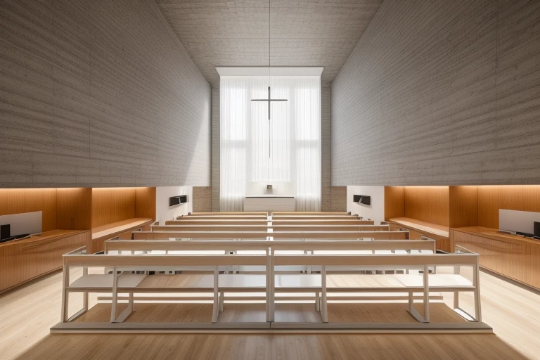 masterpiece , best quality, ((Office)),  Church interior,  indoors, window, chair, table, scenery, ceiling, ,  floor,