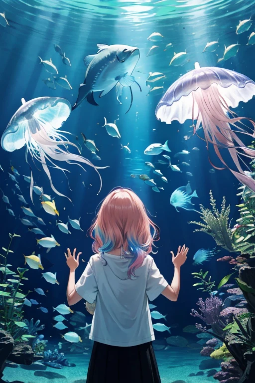 jellyfish、光るjellyfish、Aquarium、Tropical fish、colorfulな魚、girl、In the water、Spreading hair、Aquarium、Light pink transparent hair color、Gradient Hair、colorful、Beautiful colors、Neon color、Rainbow-colored