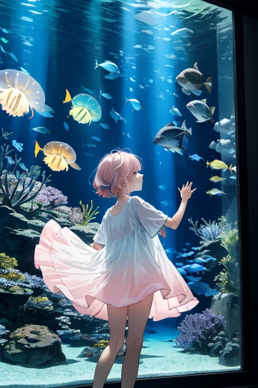 jellyfish、光るjellyfish、Aquarium、Tropical fish、colorfulな魚、girl、In the water、Spreading hair、Aquarium、Light pink transparent hair color、Gradient Hair、colorful、Beautiful colors、Neon color、Rainbow-colored