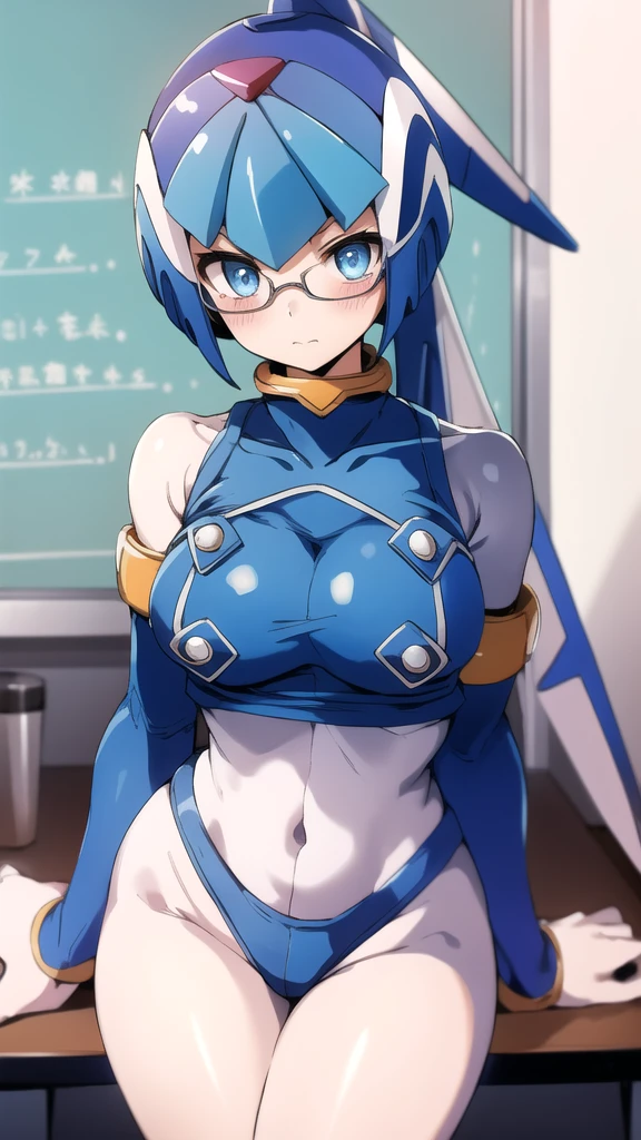 Leviathan Megaman 1 girl, looking at viewer, blue hair, Blue eyes,classroom background, Blushed, glasses, clothes outfit