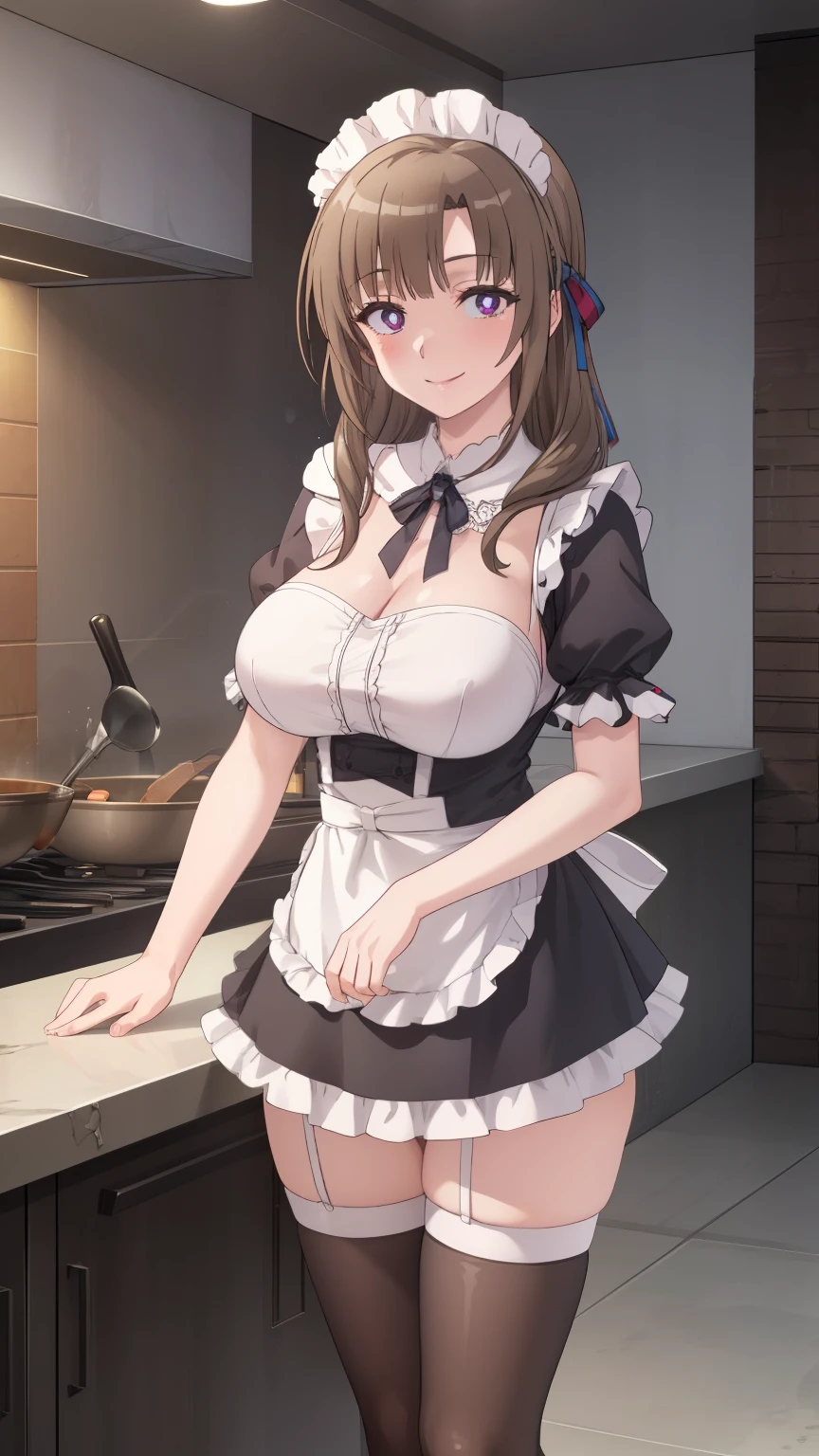 Mamako, 1girl, solo, big breasts, smile, french maid dress, frills, apron, thigh highs, perfect quality, good quality, masterpiece, HDR, UHD, beautiful detailed eyes, high resolution, game cg, illustration, highly detailed, masterpiece, maid cafe