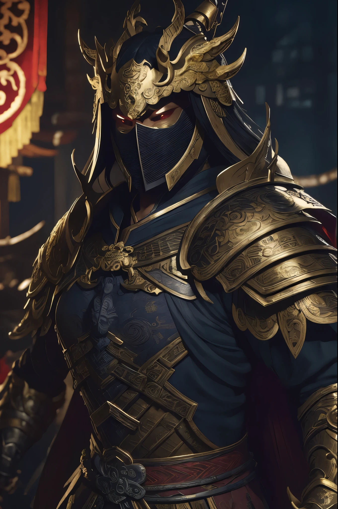 (8K) (Artstation is very detailed), ancient Chinese armor, characters wearing masks and armor, epic battle scenes, the dark part of the armor has the Chinese Loong pattern, the dragon pattern is very detailed, gold armor, the dark part of the character has rich details. The background is a fantastic scene from China, which is both fantastic and colorful