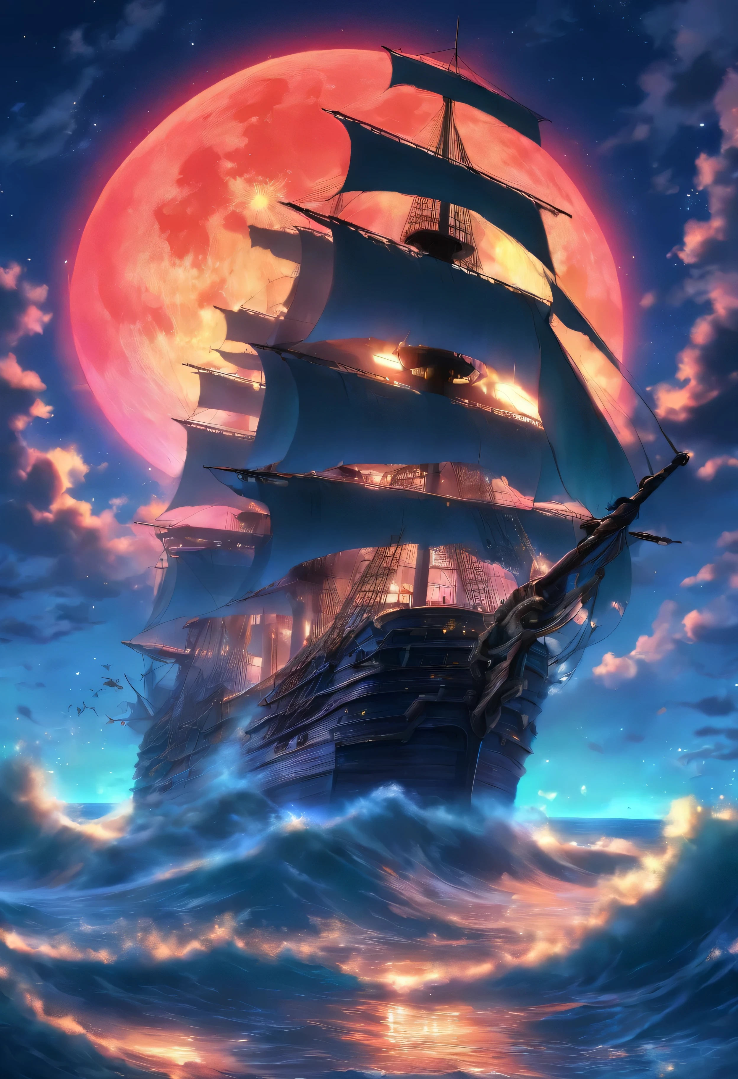 A large ship sailing on the sea on a full moon night, 3D rendering by Johfra Bosschart, Trending on CGSociety, Fantasy art, Gothic ship at sea, pirate ship, Pirate Neon Ship, the flying dutchman, old pirate ship, skeletons on a pirate ship, sailboat, Awesome Pinterest Photos, an impossibly huge pirate ship