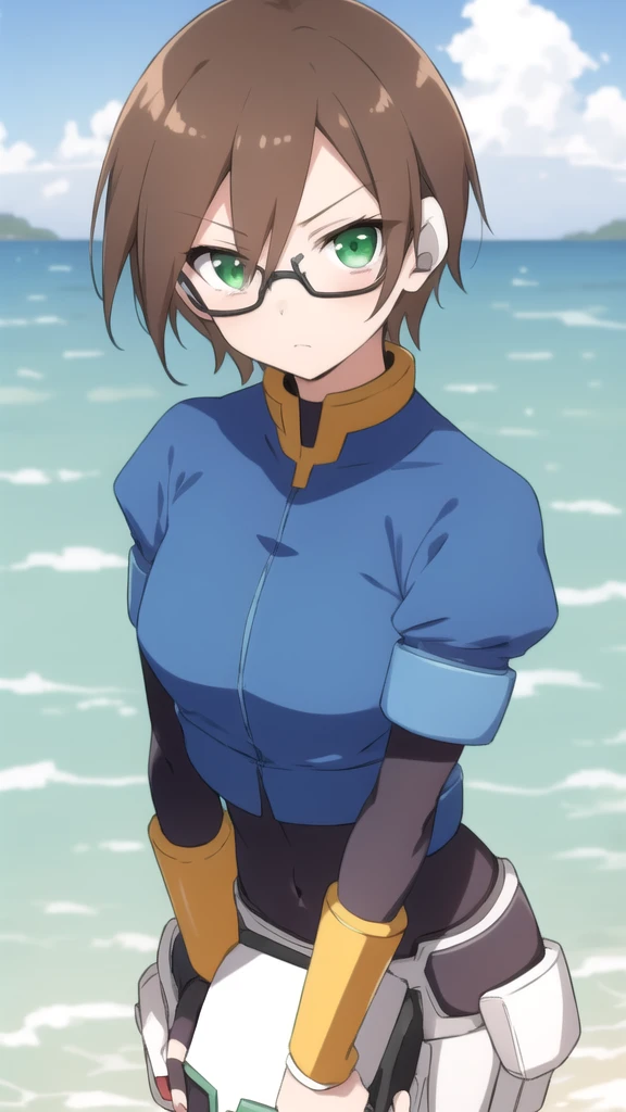 Aile_Megamanzx, 1 Girl, looking at viewer, Brown hair, Green eyes, Simple background , Blushed , Leaning on a table , Glasses , sharped Eyes
