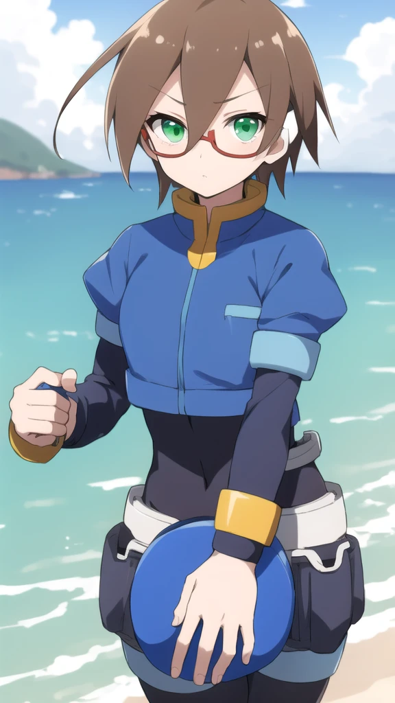 Aile_megamanzx, 1 girl, looking at viewer, Brown hair, green eyes , sea background , Glasses