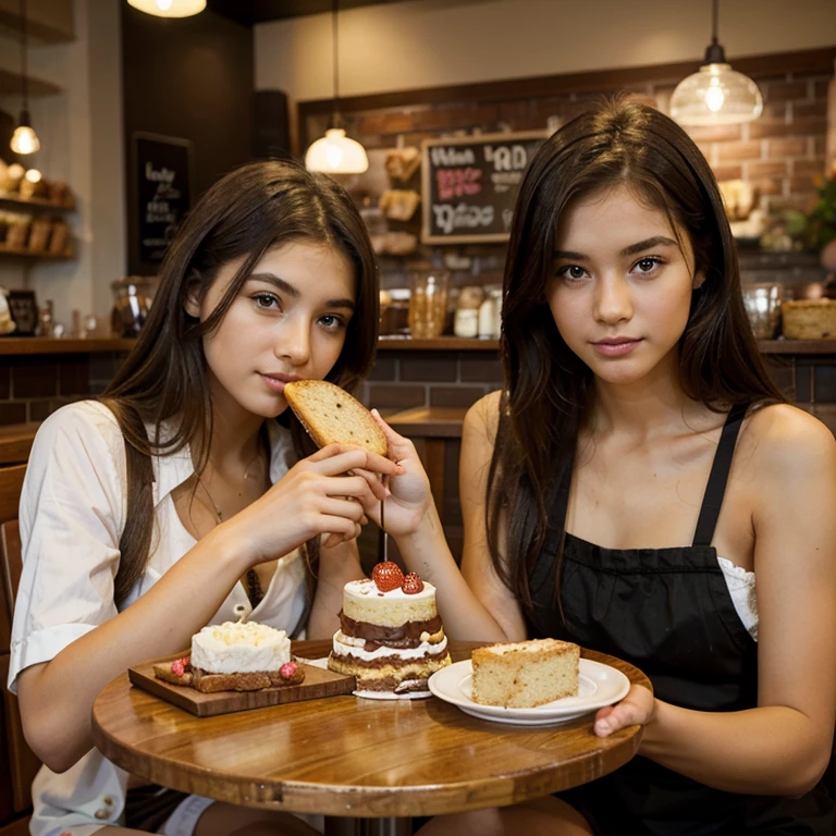 Young girls modeling eating cake and bread in coffeeshop.