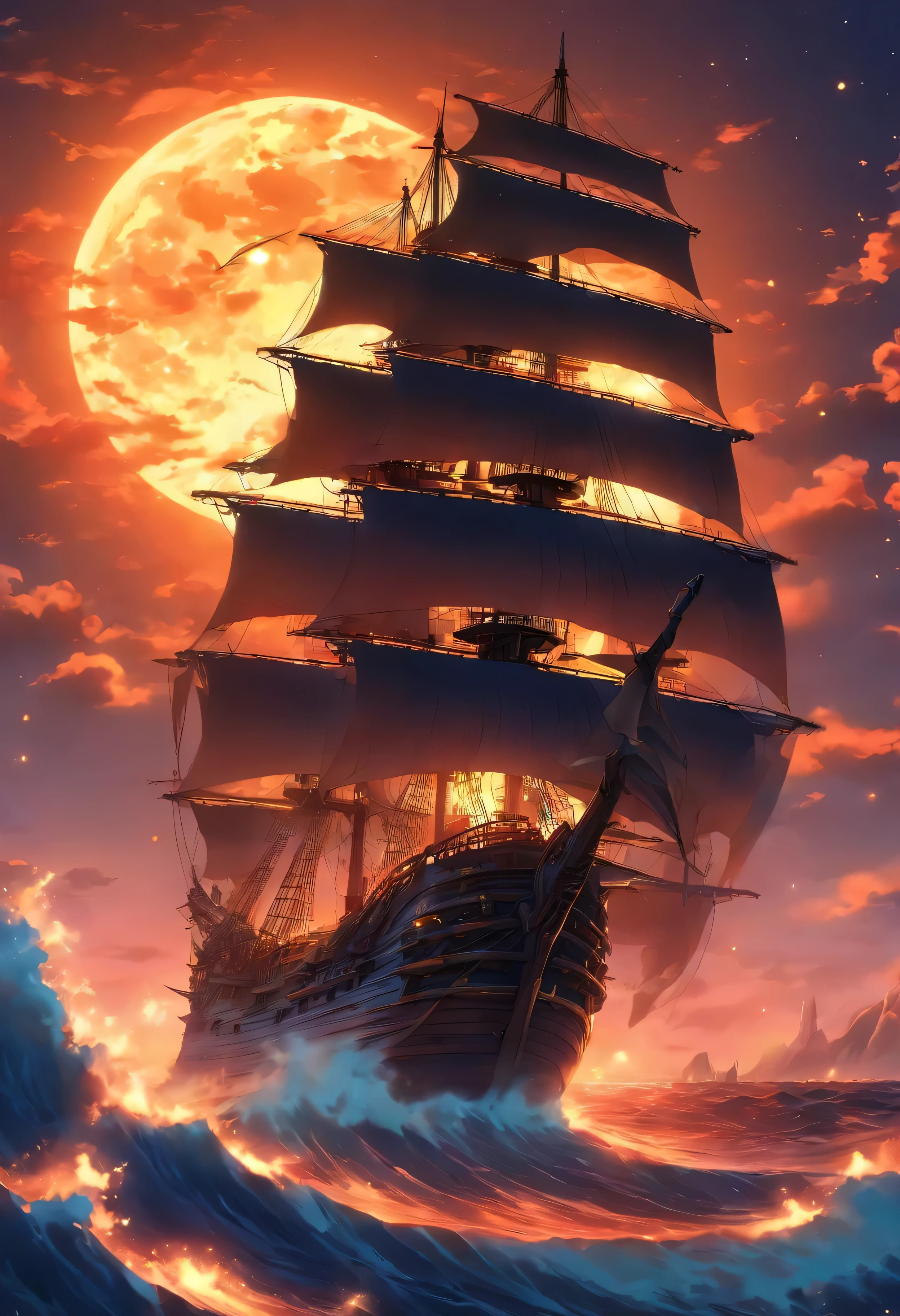 A large ship sailing on the sea on a full moon night, 3D rendering by Johfra Bosschart, Trending on CGSociety, Fantasy art, Gothic ship at sea, pirate ship, Pirate Neon Ship, the flying dutchman, old pirate ship, skeletons on a pirate ship, sailboat, Awesome Pinterest Photos, an impossibly huge pirate ship