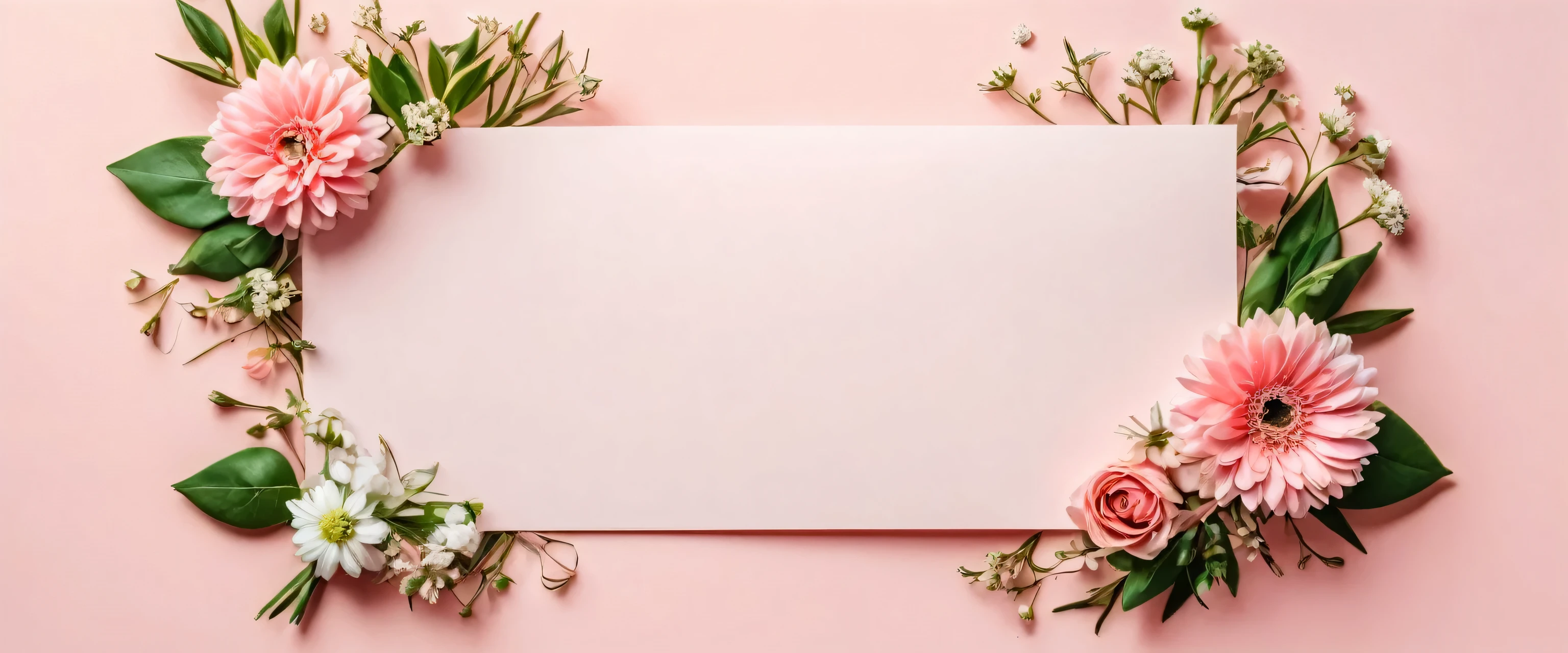 Banner with flowers on light pink background. Greeting card template for Wedding, mothers or womans day. Springtime composition with copy space. Flat lay style