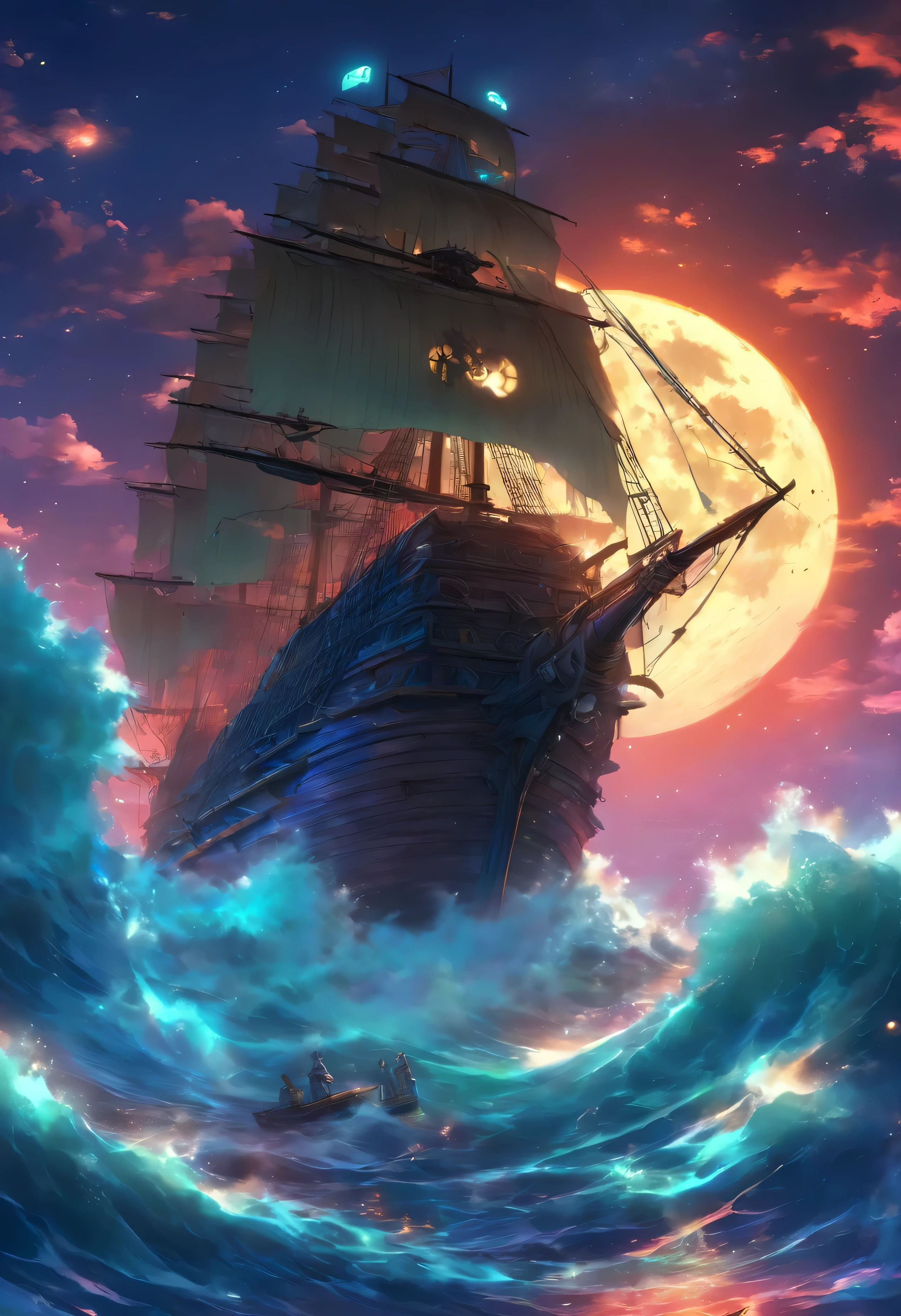 A large ship sailing on the sea on a full moon night, 3D rendering by Johfra Bosschart, Trending on CGSociety, Fantasy art, Gothic ship at sea, pirate ship, Pirate Neon Ship, the flying dutchman, old pirate ship, skeletons on a pirate ship, sailboat, Awesome Pinterest Photos, an impossibly huge pirate ship