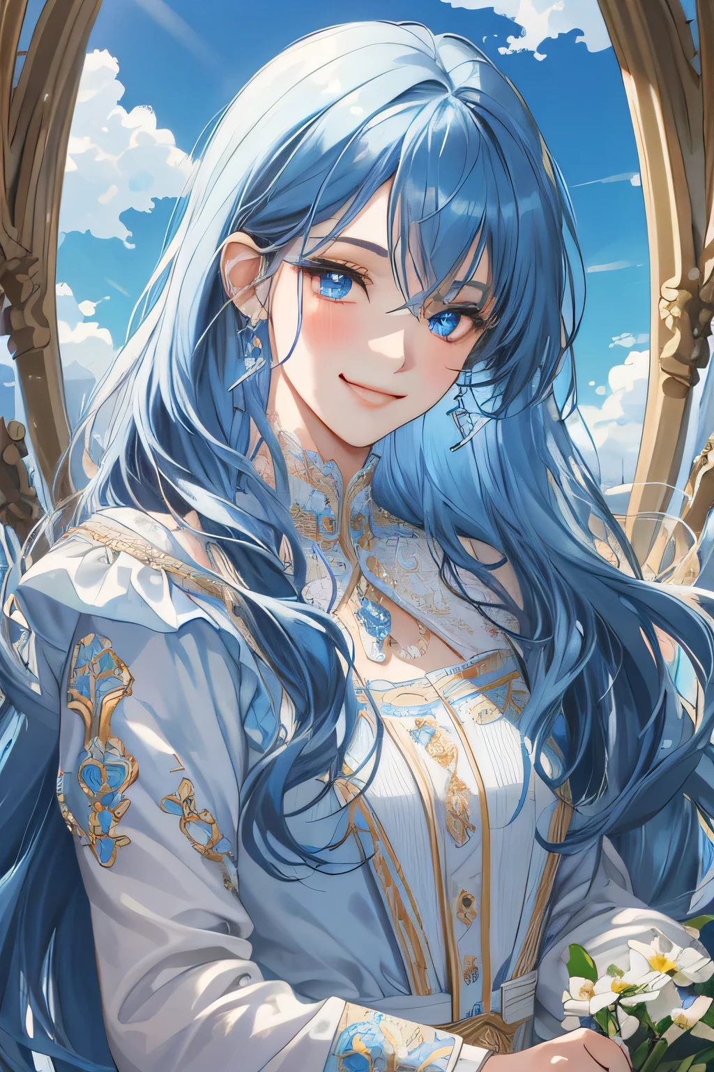 (extreamly delicate and beautiful:1.2), 8K,(masterpiece:1.0),(best_quality:1.0), 1 girl, and intricate detailing, Enlarged textures, and intricate detailing, finely eye and detailed face, and intricate detailing, blue sky curl long hair, (smirk mouths), Perfect eyes, Equal eyes, dark blue eyes (A famale god) with classic blue sky yunani romawi, look at camera, look 50 years old, blush