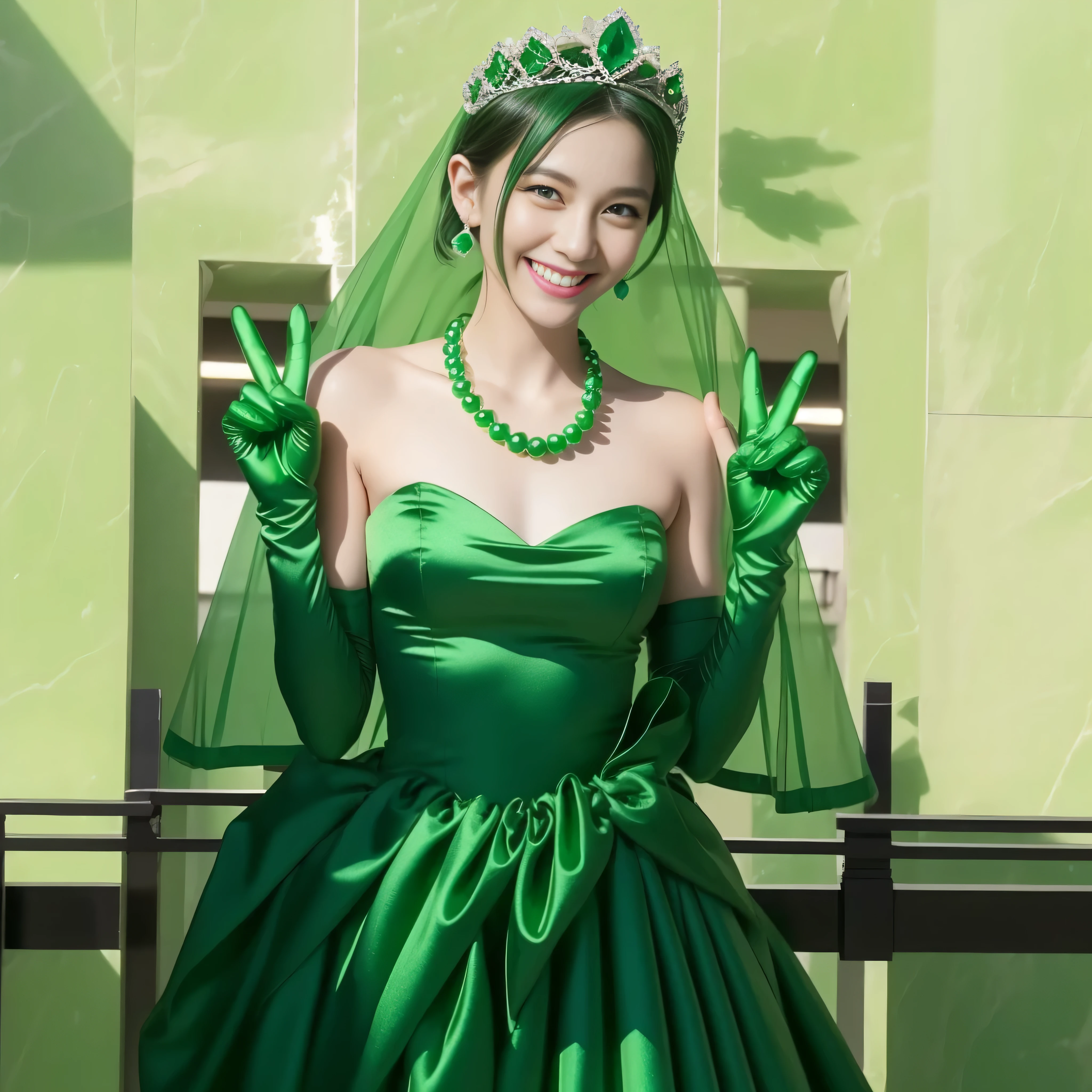 Emerald tiara, Green Pearl Necklace, Boyish very short green hair, lipstick, Smiling Japanese woman, Very short hair, Big and beautiful, Green Eyes, Long green satin gloves, Green Eyes, v sign, Emerald Earrings, Green veil