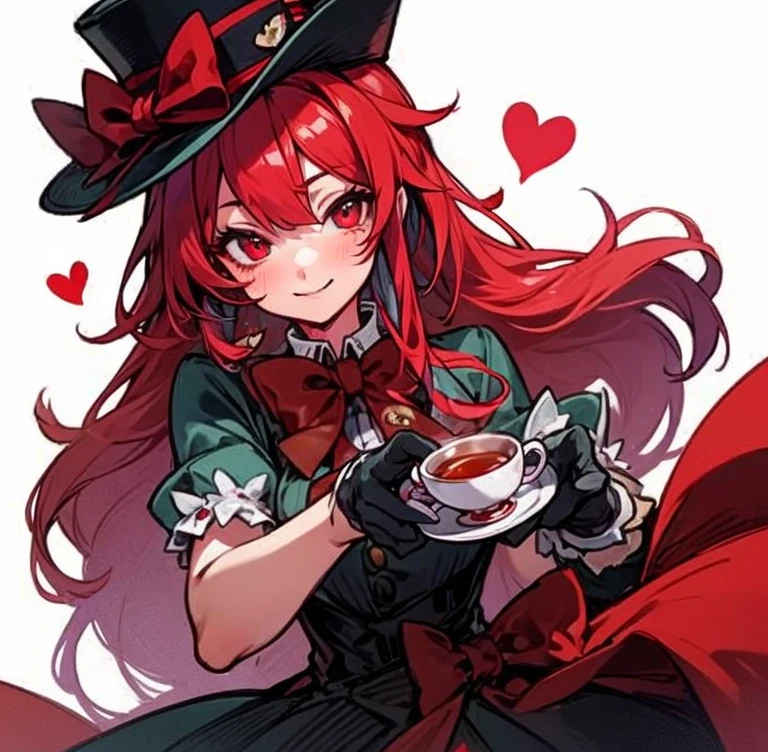 Masterpiece, best quality, expressive eyes, perfect face, 1girl, hat, heart, solo, cup, smile, club (shape), spade (shape), red eyes, looking at viewer, teacup, gloves, blush, long hair, bowtie, multicolored hair, bow, white background, top hat, tea 