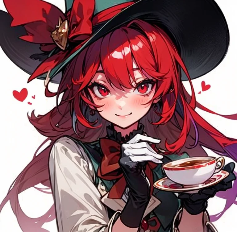 Masterpiece, best quality, expressive eyes, perfect face, 1girl, hat, heart, solo, cup, smile, club (shape), spade (shape), red eyes, looking at viewer, teacup, gloves, blush, long hair, bowtie, multicolored hair, bow, white background, top hat, tea
