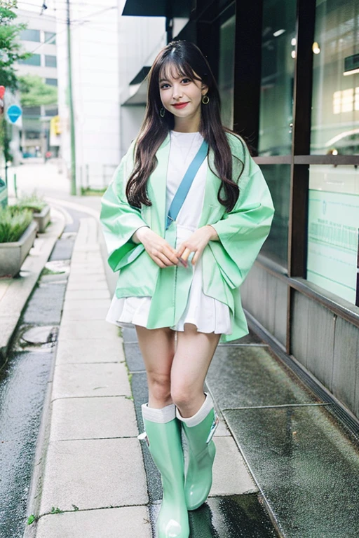 (highest quality, 8k, masterpiece:1.3)Japanese beautiful girl、Mint green rain boots with white trim and ribbon