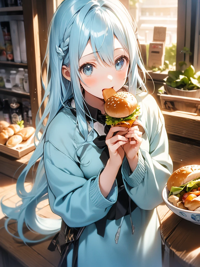 masterpiece, best quality, extremely detailed, (illustration, official art:1.1), 1 girl ,(((( light blue long hair)))), light blue hair, ,10 years old, long hair ((blush)) , cute face, big eyes, masterpiece, best quality,(((((a very delicate and beautiful girl))))),Amazing,beautiful detailed eyes,blunt bangs((((little delicate girl)))),tareme(true beautiful:1.2), ,,, affectionate smile,(Best Quality,hight resolution,Ultra-detailed),Eating a hamburger, Silver hair, Blue eyes, Hamburger, , lettuce, fruits, tomatoes, onion, bowl, Bokeh background, food, closeup at the food, still-life, Blurred, depth of fields, Verdure, cheese
