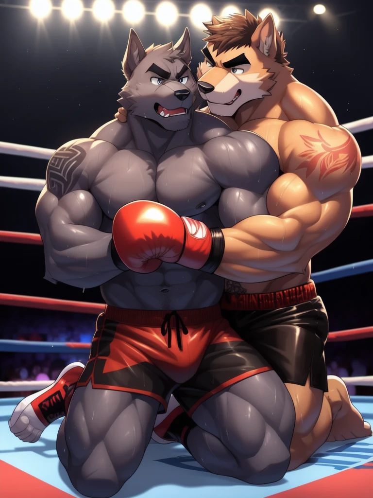 Duo male fighters(Brown Dog vs Gray Dog, handsomes, perfect eyes, Thick eyebrows), beso gay(cuddling kneeling, embraced from behind, fighting in a boxing match), hot(Shirtless), handsomes(They are handsomes, correct anatomy), musculosos(Big muscle bodies, Six packs, muscle abs, big pecs, muscle legs, muscle backs), sweaty(very sweaty wet bodies), tatuajes(they have tattoos), Angry(They have an angry expression), Boxing gloves(They both are wearing boxing gloves), Shorts(They are wearing black shorts), Hight resolution