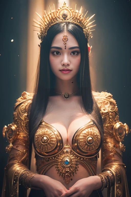 A meditation Goddes, detailed Thailand girl face, (extremely detailed intricate mechanical tiara :1.2), made from gold, (reflection:1.1), bright skins, (spread arms), intricate detail, best quality, natural lighting, lights splashing from behind, long black hair, intricate attire, golden gears clothing, grinning, tilted head, bare navel, bright eyes, intricate hair, intricate clothing, puffed breasts, ample cleavage, ((full body shots)), dark theme background