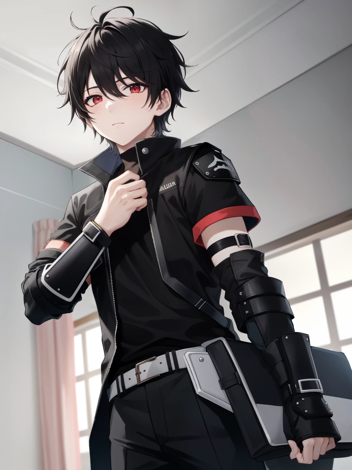 1boy, pale skin, red eyes, black hair, short hair, messy hair, black jacket, black shirt, dark brown pants, wrist guard, elbow guard, grey background, indoors, castle