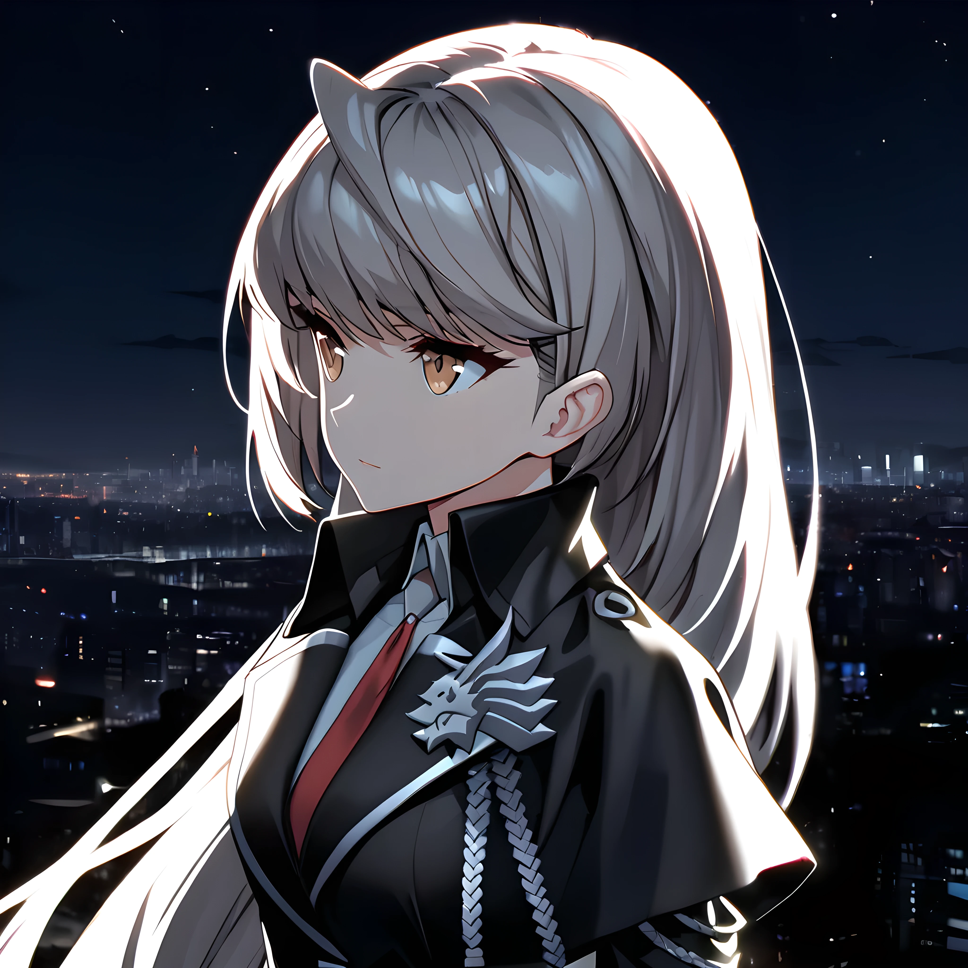 (masterpiece),(best quality),(ultra-detailed),(best illustration),(best shadow),(absurdres),(detailed background),(very aesthetic)hilde, fenrirsquad, 1girl, solo, long hair, night, closed mouth, bangs, city lights, upper body, breasts, from side, 