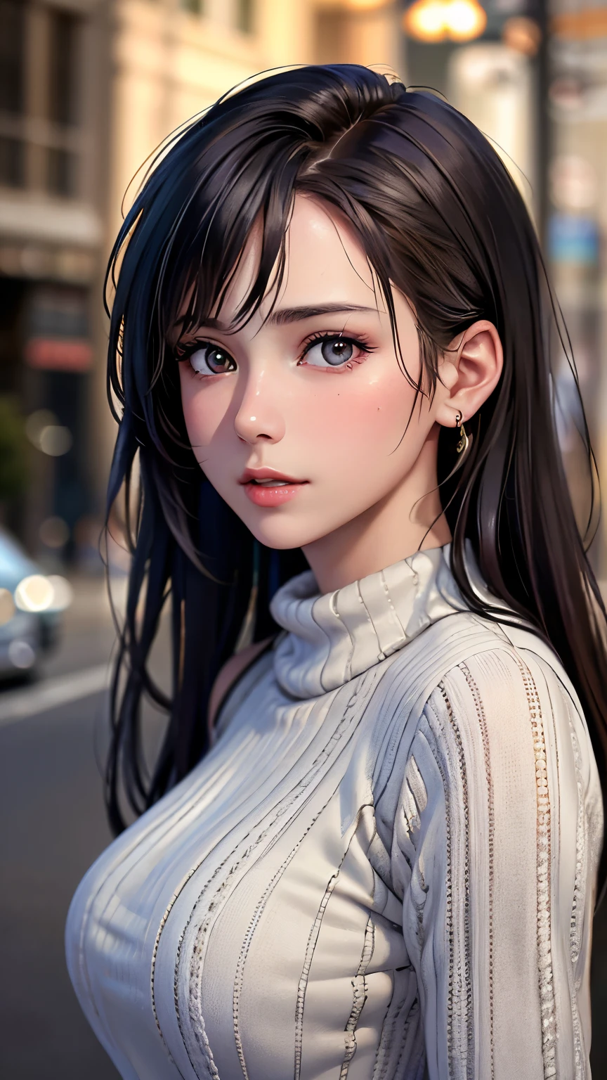 8ก, Highest quality, Extremely detailed, highest resolution, (realistic, realistic photo:1.37), high definition RAW color photograph, professionally arrested, Big file size, highly detailed beautiful girl, Extremely detailed face, Finely defined eyes, expressive lips, perfect anatomy, cute girl, realistic, knit sweater, jeans